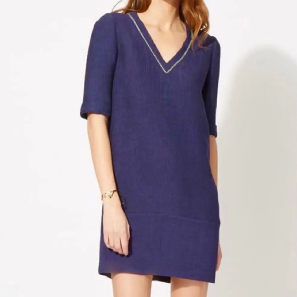 Maje Risette Metallic-Trimmed Textured V- Neck Shift Dress Size L